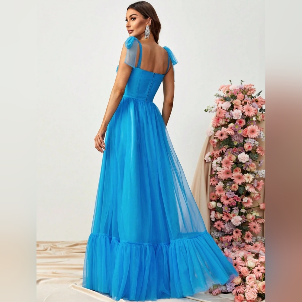Tie Shoulder Ruffle Hem Mesh Maxi Dress In Color Blue. Size Medium.  $109 retail - Picture 4 of 10
